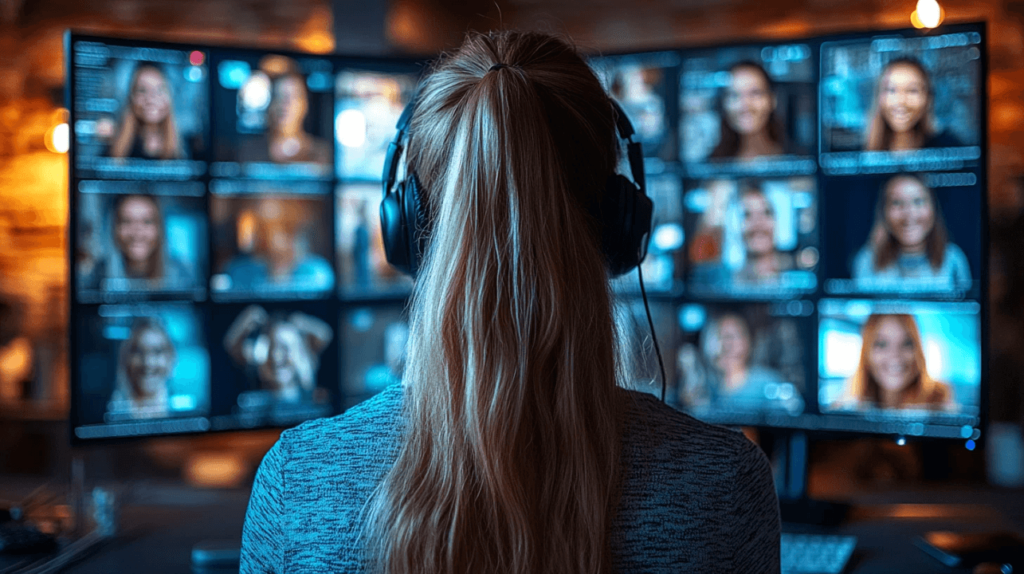 Naisoletettu istuu selin kameraan kuulokkeet päässä. Videopalaveri on kesken ja näytöllä näkyy paljon palaveriin osallistuvia henkilöitä.