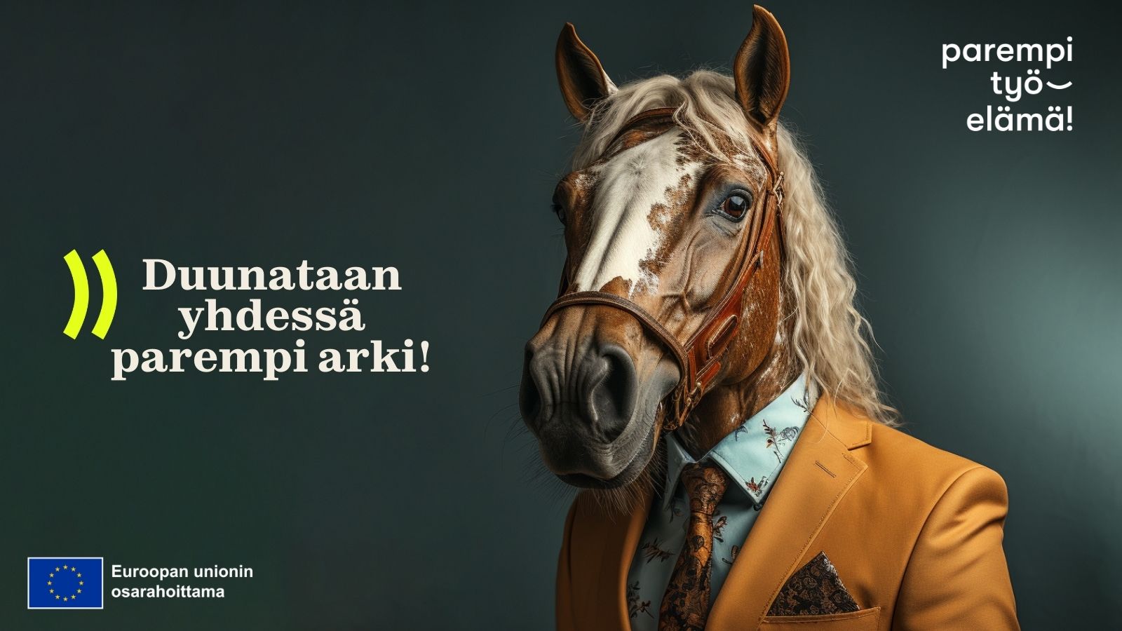 Kuvassa tekoälyn luoma hevonen, jolla puku päällä.