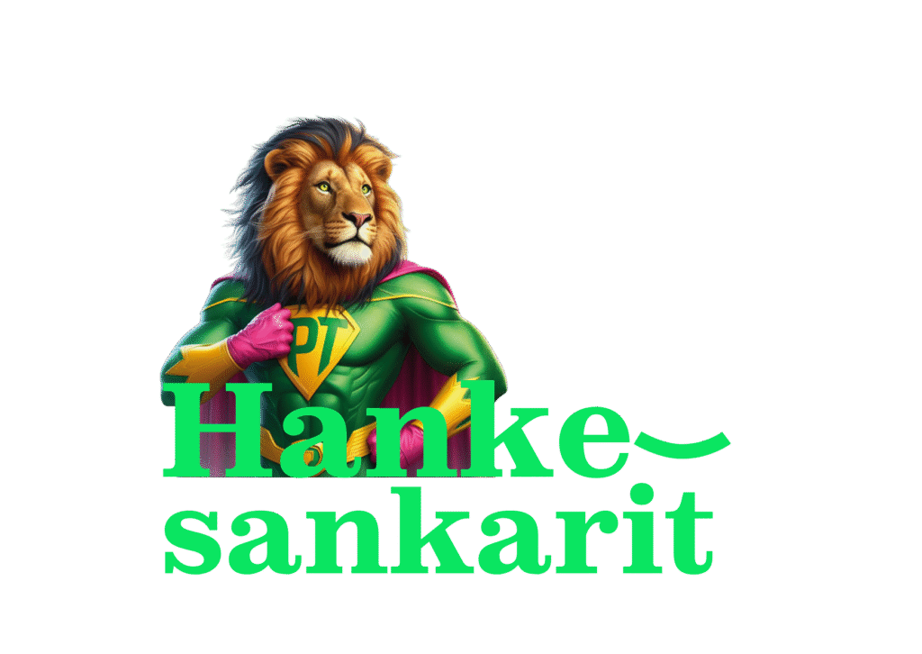 Kuvassa tekoälyllä luotu leijona jolla on supersankaripuku ja teksti Hankesankarit