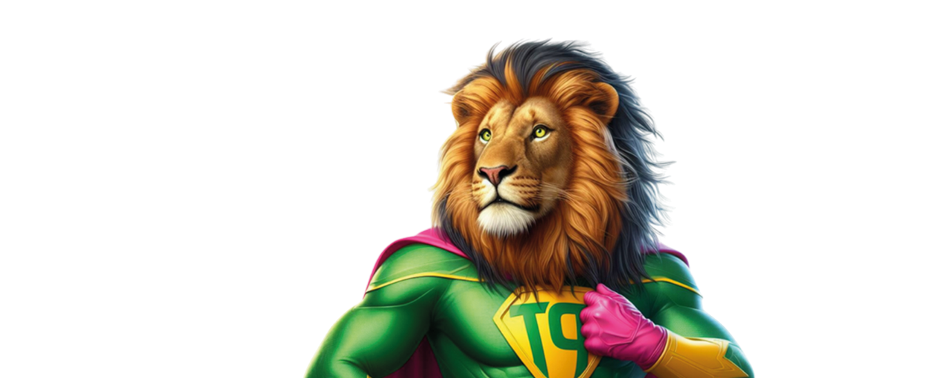 Kuvassa tekoälyllä luotu leijona jolla on supersankaripuku ja teksti Hankesankarit
