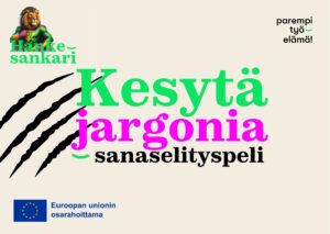 kuvassa tekoälyn piirtämä hankesankari-leijona ja teksti kesytä jargonia -sanaselityspeli