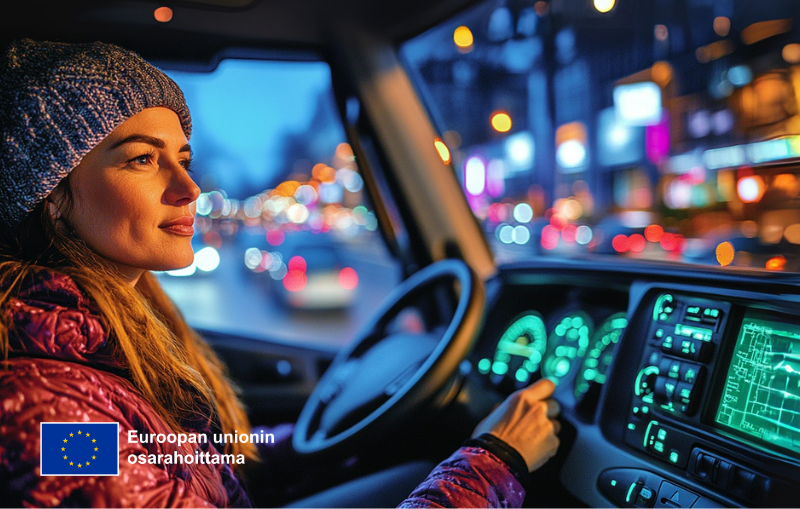 Tekoälyn luoma kuva, missä talvivaatteisiin pukeutunut nainen ajaa autoa kaupunkiympäristössä.