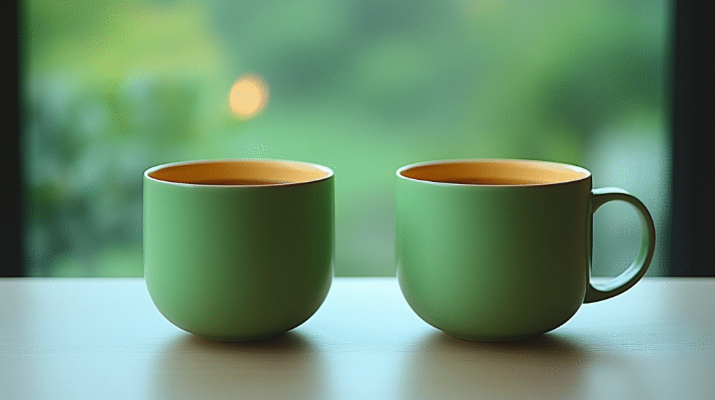 Tekoälyn luoma kuva, missä kaksi vihreää kahvikuppia pöydällä