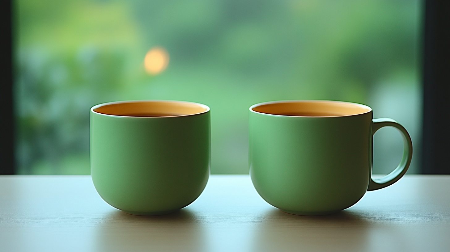 Tekoälyn luoma kuva, missä kaksi vihreää kahvikuppia pöydällä