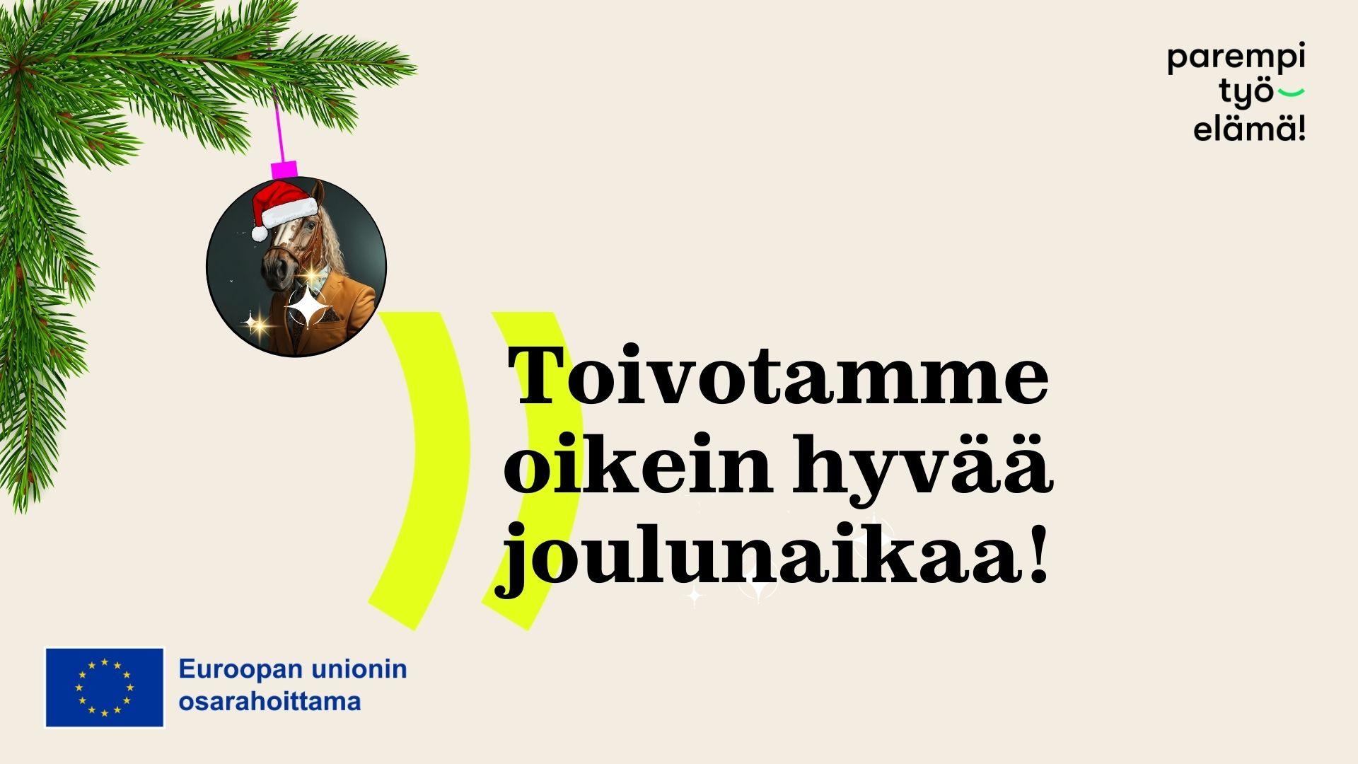 Joulutervehdys jossa koristeita ja teksti 