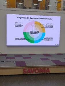 Kuvassa näkyy Sitran esitysmateriaalia megatrendeistä seinälle heijastettuna