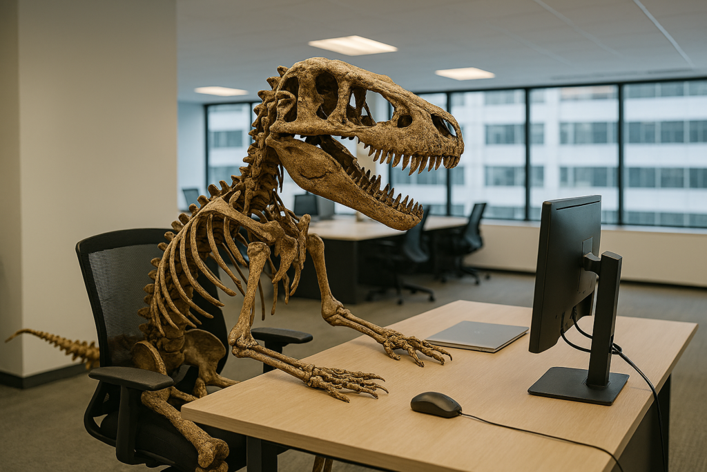 Kuvassa tekoälyn tekemä kuva jossa dinosauruksen fossiili istuu toimistotuolissa ja tekee töitä tietokoneella.