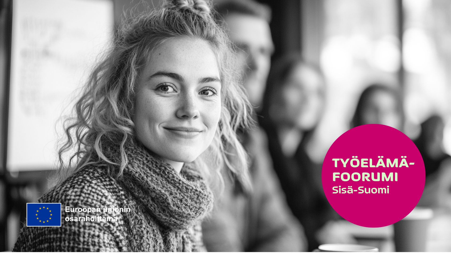 Tekoälyllä tehty kuva, jossa nuori nainen hymyilee ja Työelämäfoorumi Sisä-Suomi logo.