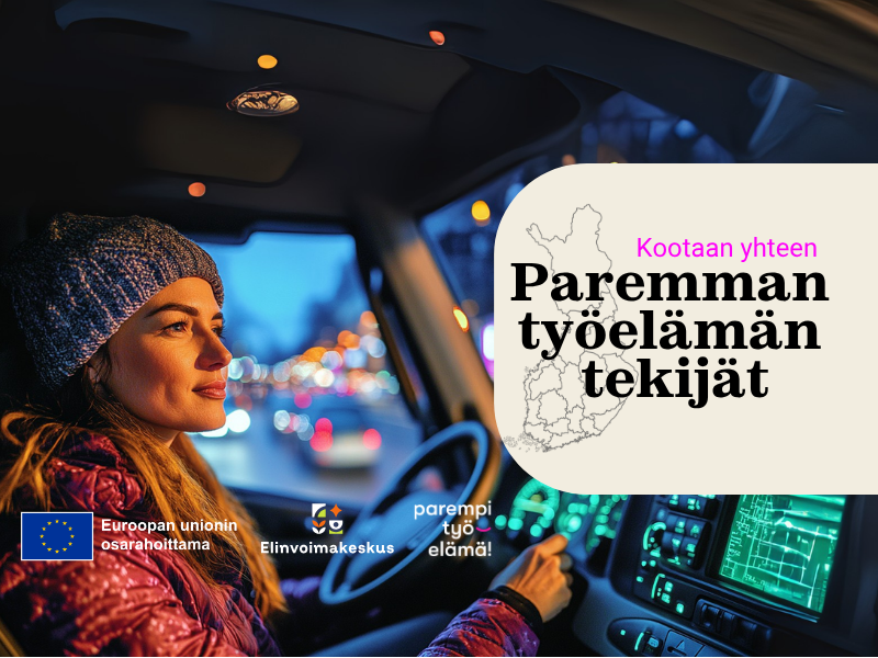 Kuvassa nainen ajaa autolla ja teksti kootaan yhteen paremman työelämän tekijät.