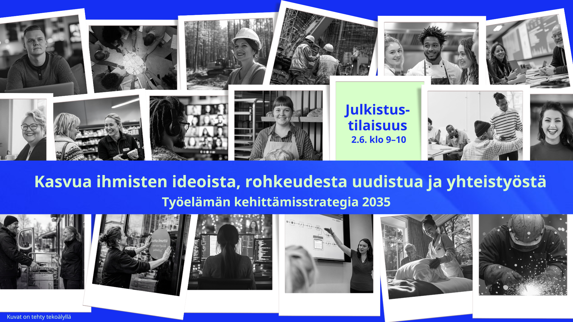 Kuvakollaasi, missä useita ihmisiä mustavalkokuvina. Tekoälyllä tehdyt kuvat.